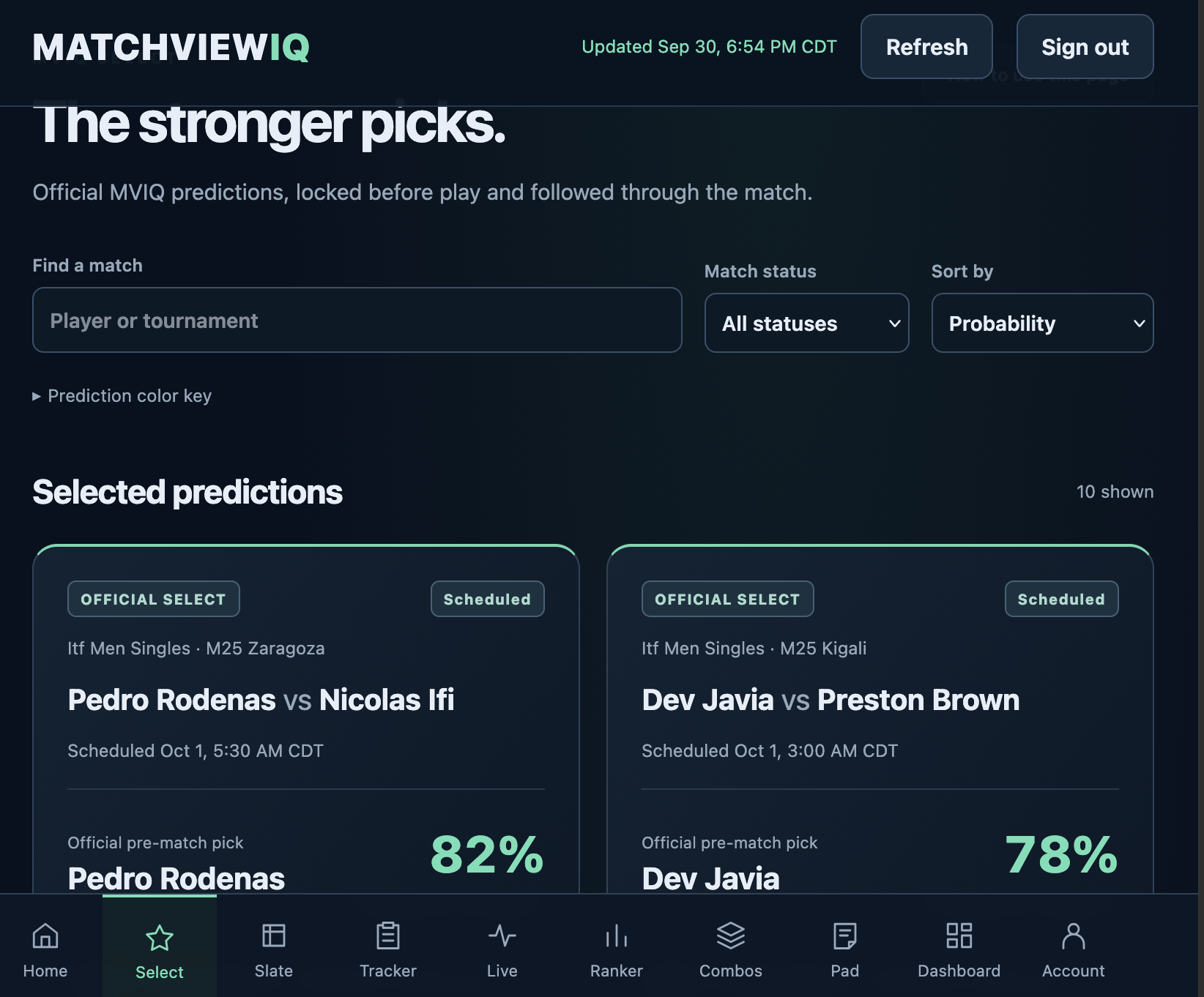Select: official pre-match picks with estimated win probabilities.